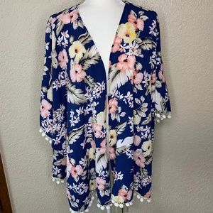Umgee Blue Tropical Floral Print Coverup Kimono  Wrap Women's Size Small…